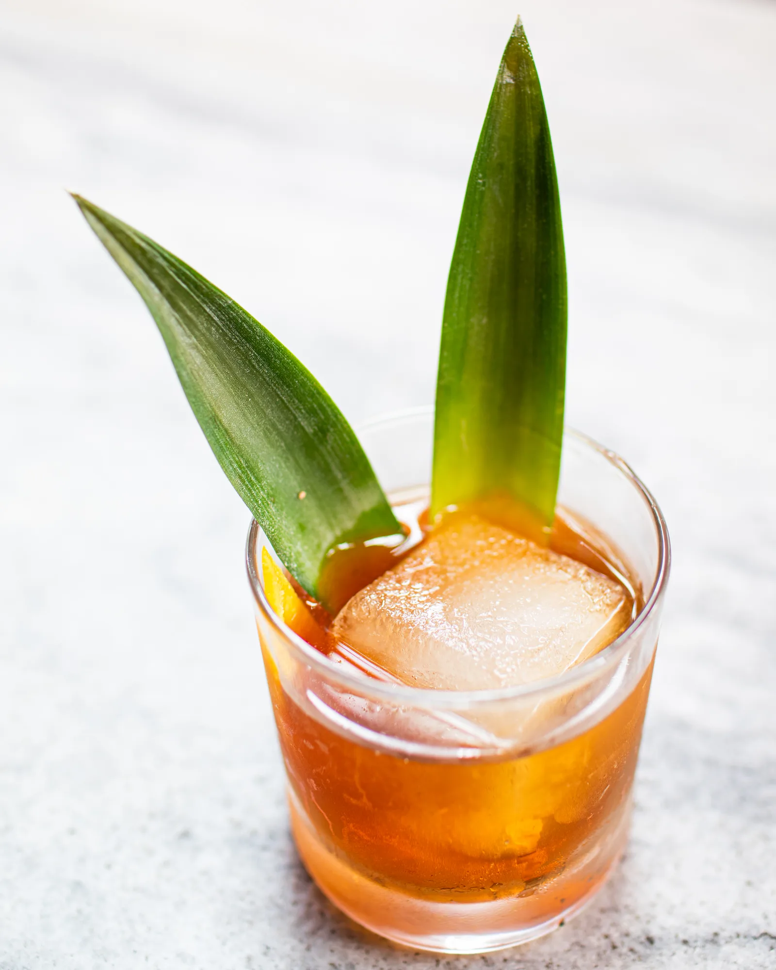 An amber cocktail with pineapple-leaf garnish over a clear ice cube