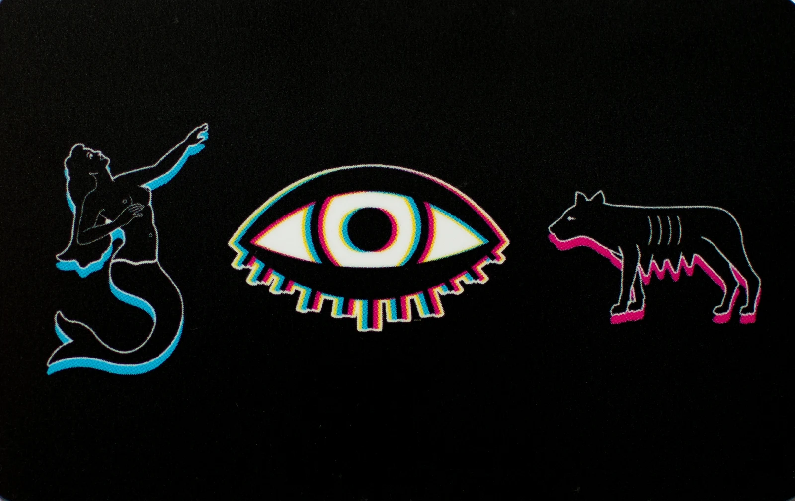 The Complex AP gift card — black, with the mermaid, the eye and the she-wolf in neon
