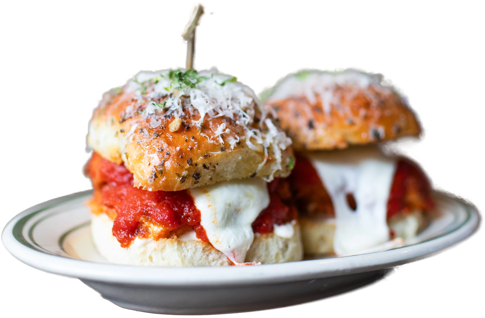 Garlic roll sliders — housemade milk bread, melted mozzarella, your choice of filling