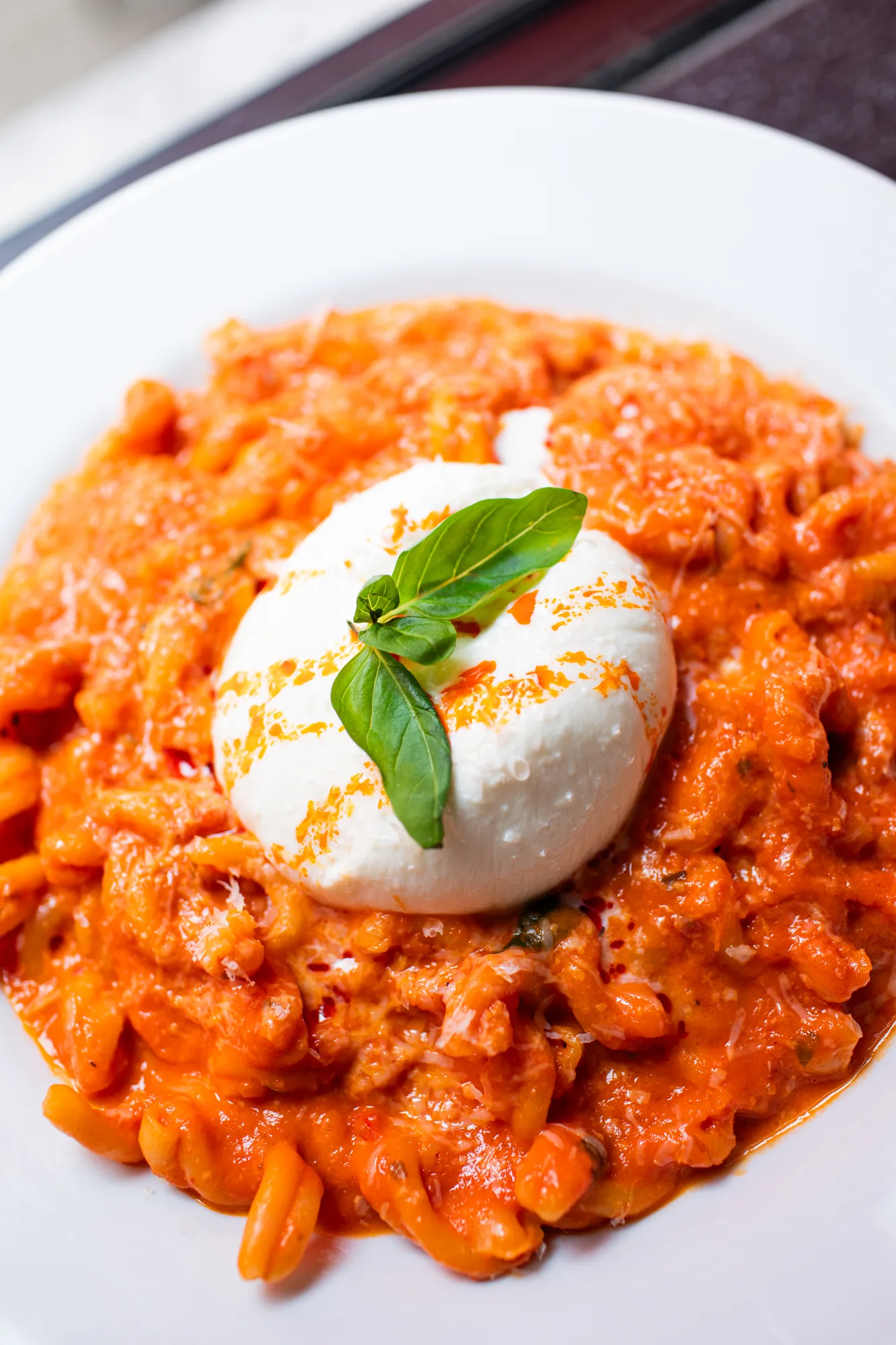 Spicy vodka penne with burrata and basil